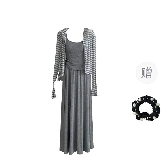 雾闪闪 韩版时尚百搭条纹外套修身显瘦背心半身裙三件套女长袖休闲套装 女款