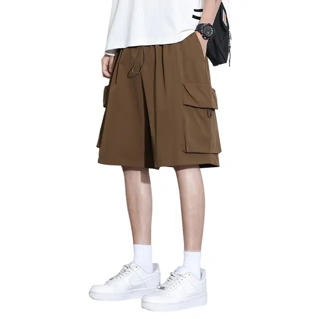 顶峰保罗 美式凉感潮牌薄款五分工装宽松百搭纯色大口袋无性别主义运动裤速干直筒松紧腰设计休闲短裤 男女同款