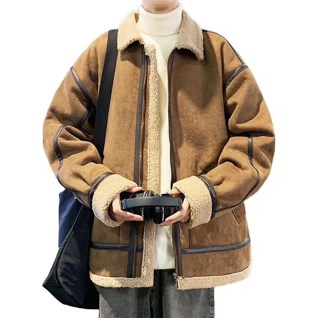 极限涡轮 美式街头风简约高品质麂皮绒翻领羊羔绒时尚休闲百搭外套棉服 男女同款 棕色