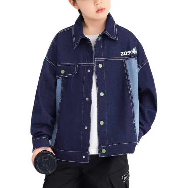 左西牛仔外套 复古翻领单排扣长袖 深牛仔色 中小童