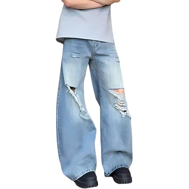 单爵 闪电竹节纹弯刀破洞薄款裤子美式高街直筒廓形牛仔裤 男女同款