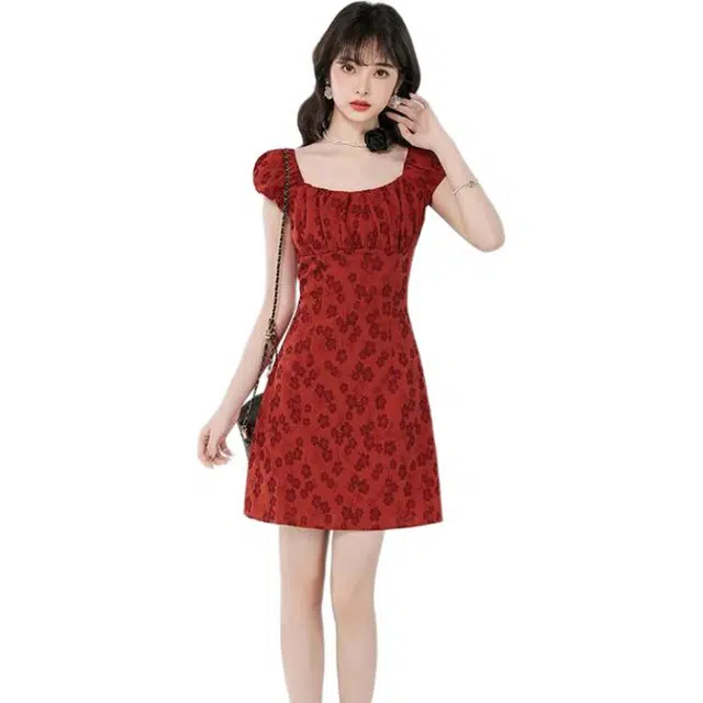 水中花 法式纯欲风甜美印花短裙性感气质收腰显瘦复古短袖连衣裙 女款