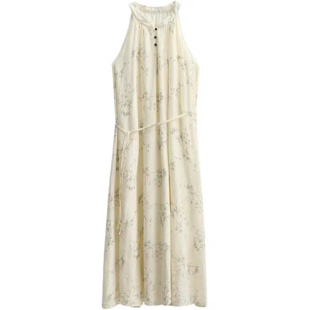 哒头下雨不愁 夏季国风中式气质印花过膝长裙温柔无袖连衣裙 女款