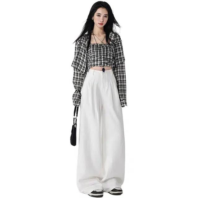 玫丝朵 美式复古高腰宽松阔腿垂感百搭牛仔裤 女款 白色