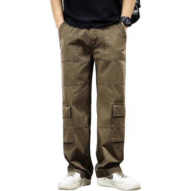 前进牛 美式做旧特工机能复古潮牌纯棉设计感多口袋工装裤潮牌宽松直筒纯色长裤休闲裤 男女同款