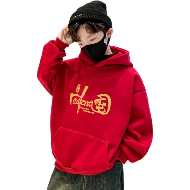 雅鹿卫衣 加绒加厚连帽落肩国风印花长袖 中国红 青少年