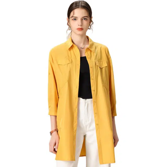 粉红玛琍 时尚简约单排扣中长款长袖衬衫 女款 黄色