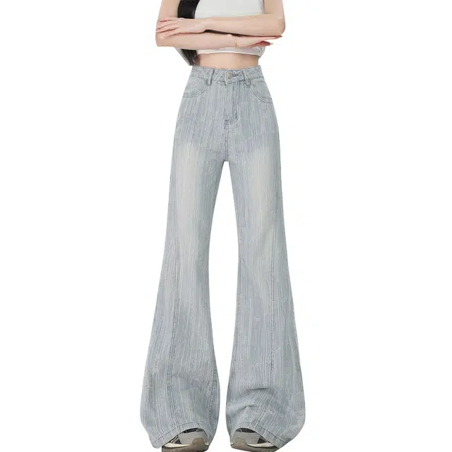 玫丝朵 提花工艺复古口袋设计微喇牛仔裤 女款