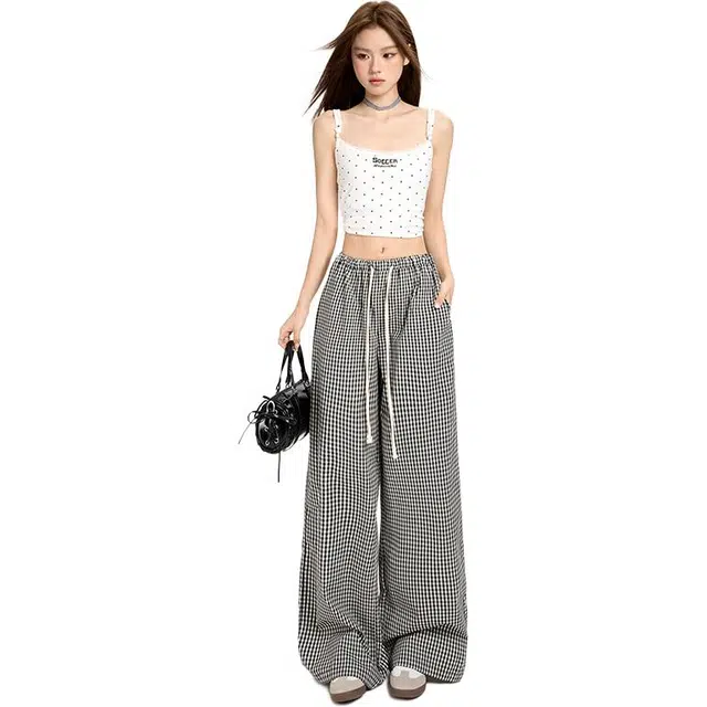 玫丝朵 美式复古慵懒格子设计时尚百搭宽松垂感直筒休闲裤 女款