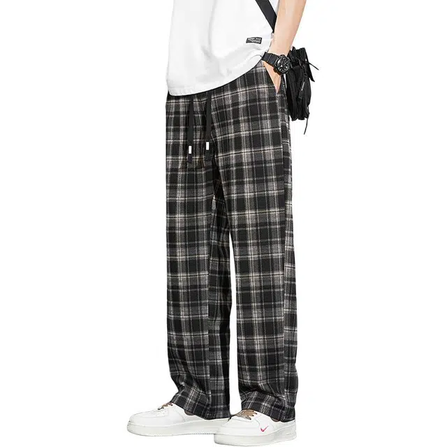 协协乐 美式高街潮牌薄款索罗娜宽松直筒阔腿潮流百搭格子编制运动卫裤通勤显高显瘦长裤春夏休闲裤 男款