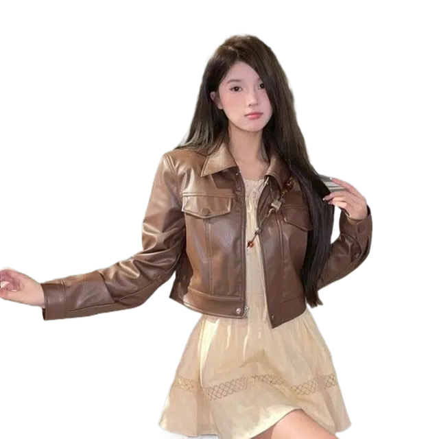 木清清 翻领休闲百搭短款皮衣 女款 棕色