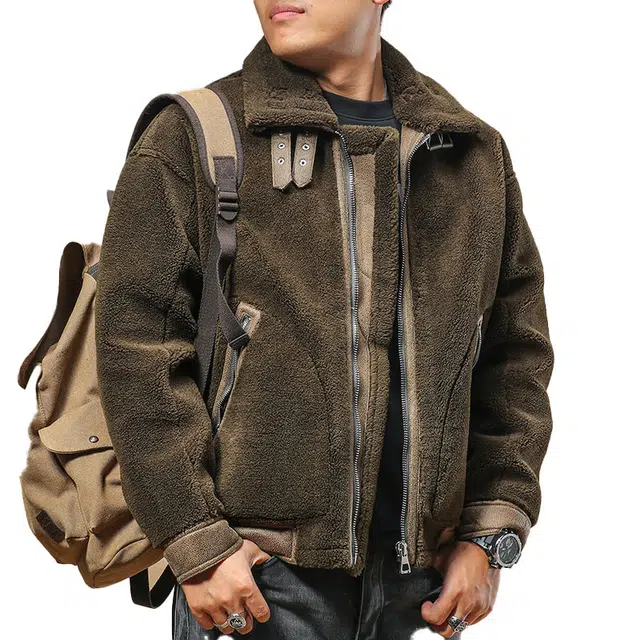 季言 超厚羊羔绒高级感皮毛一体翻领机车棉服 男款 绿色