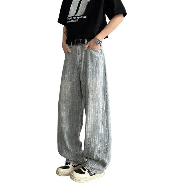 沃马 美式高街水洗做旧废土风宽松直筒休闲流行简约牛仔裤 男女同款 提花牛仔