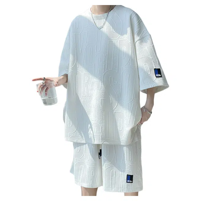 华夏儿女 美式复古高级感提花字母纯色落肩圆领短袖宽松港风系带短裤休闲运动套装 男女同款