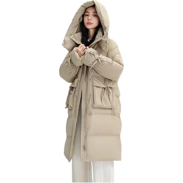 鸭鸭 纯色口袋连帽中长款长袖羽绒服 女款