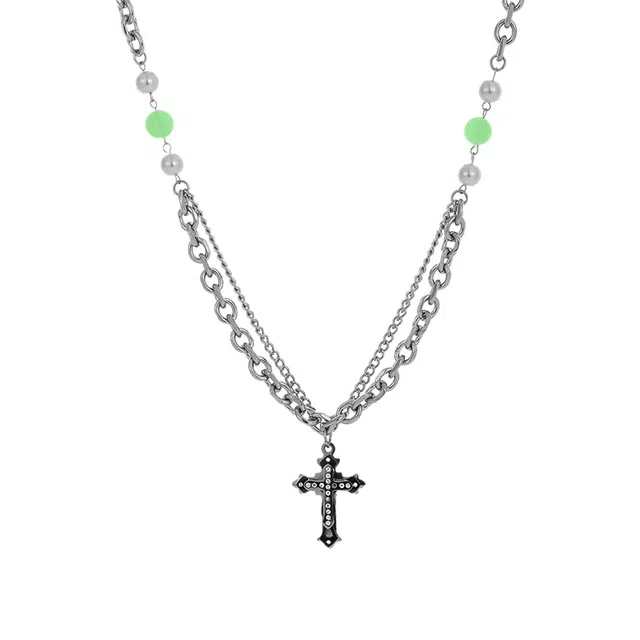 克兰茜 小众十字架设计 个性冷淡风配饰 嘻哈街头朋克痞帅 钛钢 人工贝珠 项链 男女同款情侣款 银色