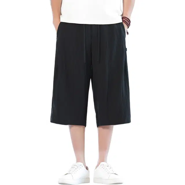 顶峰保罗 新中式莱赛尔潮流痞帅纯色无性别主义宽松大码百搭七分运动健身裤弹力抽绳显高薄款直筒休闲短裤 男女同款