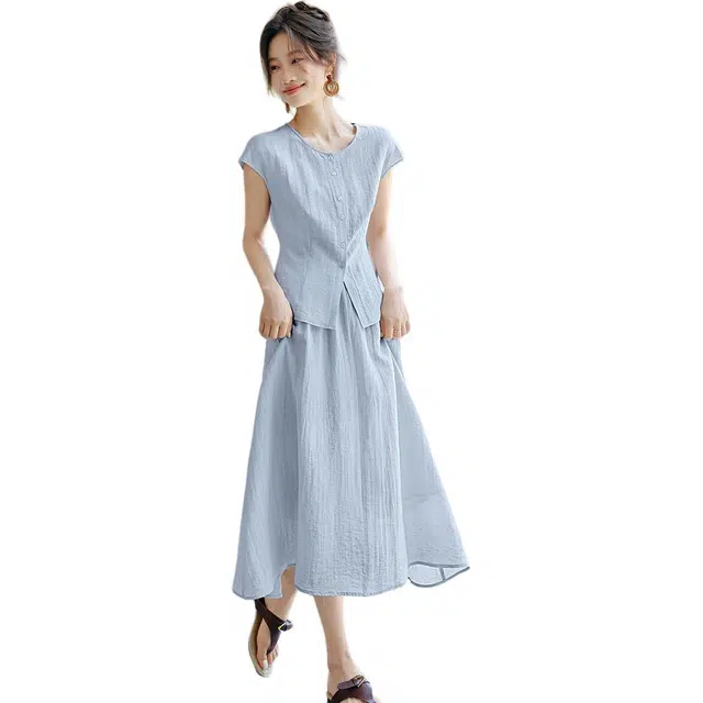 沫晗依美 舒适无袖圆领收腰休闲高腰裙装套装 女款