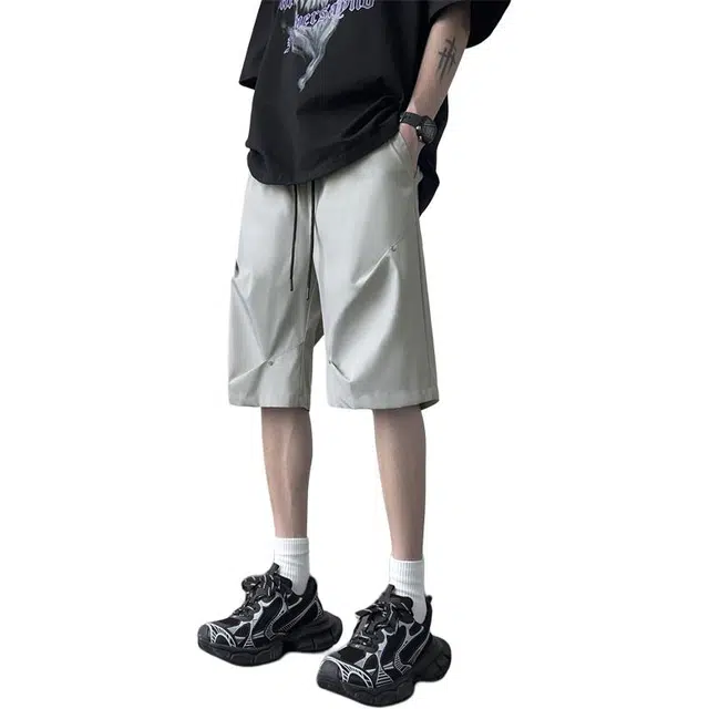 顶峰保罗 冰丝薄款凉感速干抽绳直筒五分裤美式痞帅高街潮牌宽松小众百搭设计感休闲短裤 男女同款