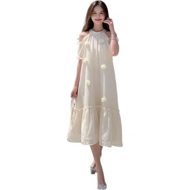 黛尔佳人 法式露肩桔梗立体花朵女夏季韩版宽松显瘦裙子短袖连衣裙 女款