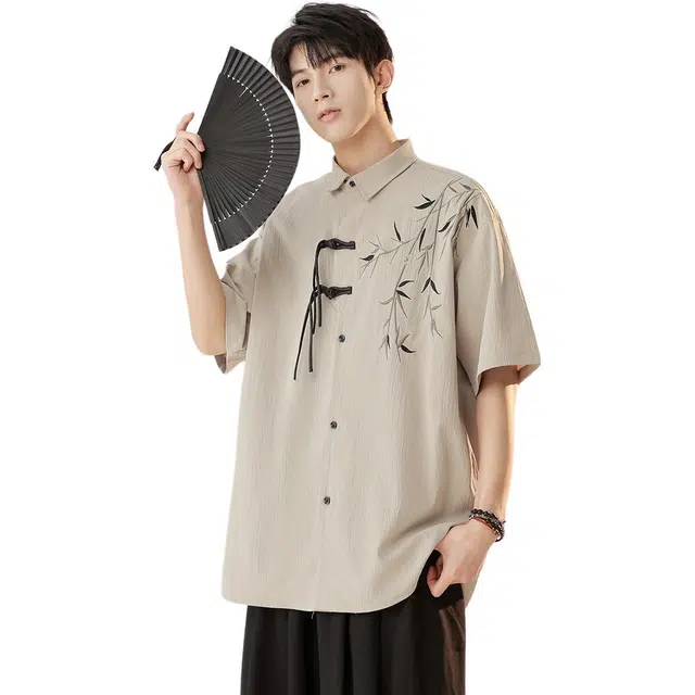 顶峰保罗 新中式竹子盘扣薄款国风宽松百搭无性别主义垂感休闲复古肌理感刺绣痞帅潮牌透气短袖衬衫 男女同款