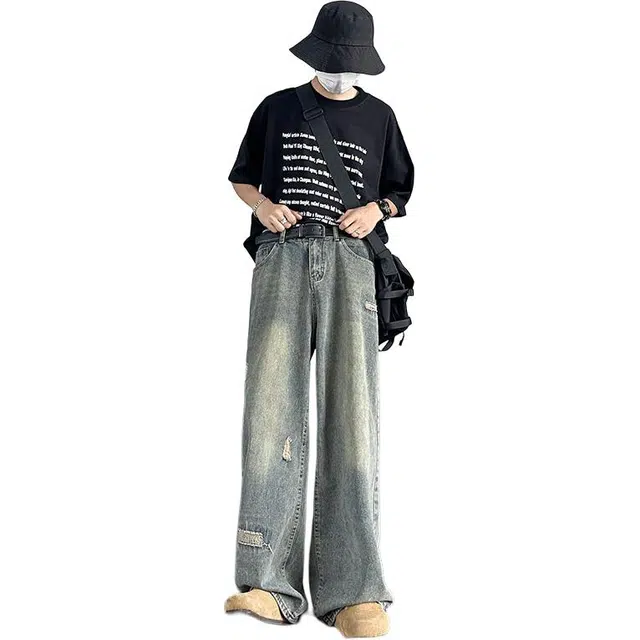 沃马 美式潮牌直筒宽松阔腿拖地弯刀水洗做旧废土风流行简约牛仔裤 男女同款