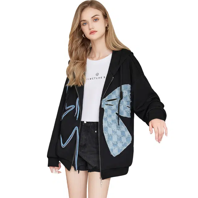 她池 宽松连帽蝴蝶图案拉链开衫长袖截短外套 女 黑色