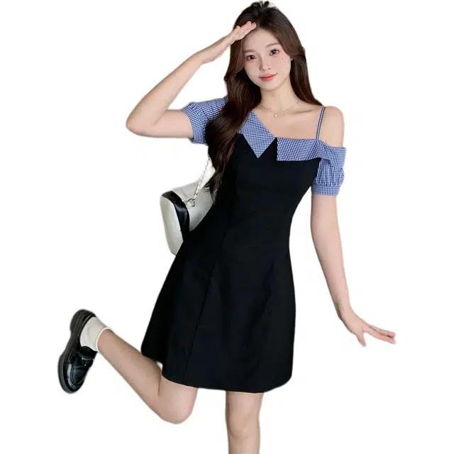 黛尔佳人 设计感拼接假两件洋气短袖连衣裙 女款