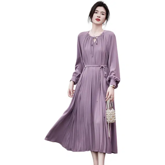 【dme】 通勤纯色舒适圆领宽松插肩长袖连衣裙 女款 蔷薇紫