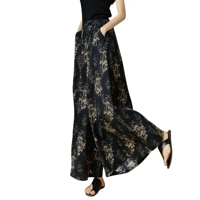 晚白 花卉印花百搭宽松新中式休闲裤 女款 花色