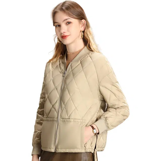 粉红玛琍 纯色直筒舒适长袖羽绒服 女款 卡其