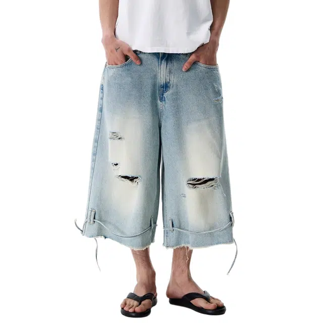 沐诚阳译 美式复古做旧破洞痞帅百搭舒适七分牛仔短裤 男款