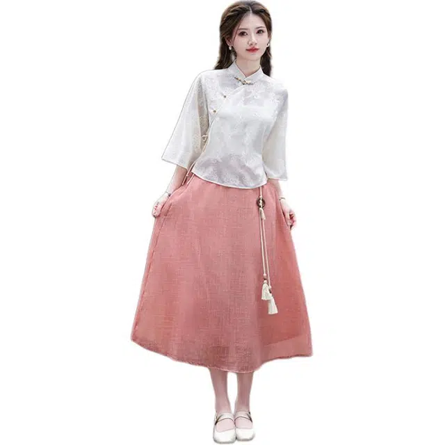 丝絮丝绸 新中式复古时尚舒适通勤简约短袖两件套裙装套装 女款