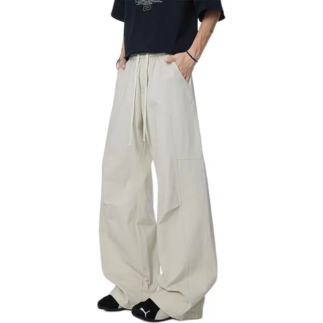 童先森 褶皱设计感水洗宽松纯色中腰长裤休闲裤 男款