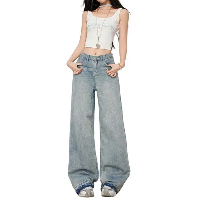 如续 竹节纹水洗复古蓝垂感直筒阔腿拖地裤毛边加长版牛仔裤 女款