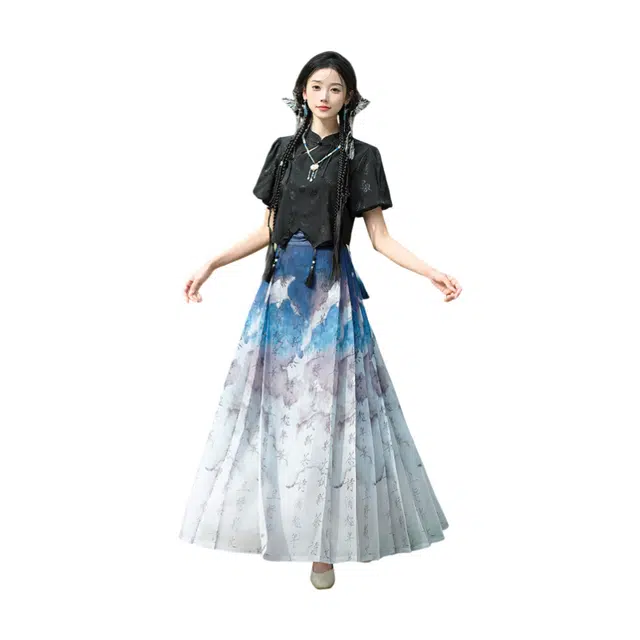 荟萃阁 立领盘扣斜襟提花上衣一片式渐变印花马面裙裙装套装 女款