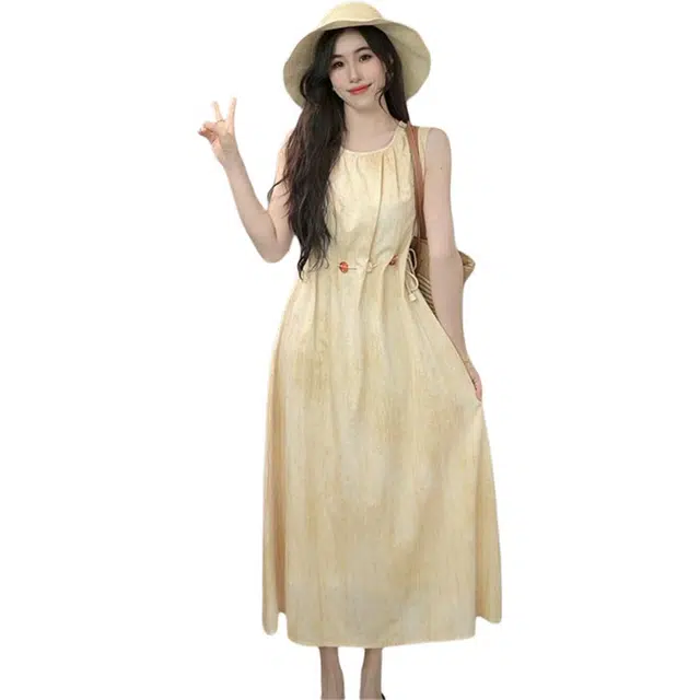 黛尔佳人 法式海边度假挂脖裙子女夏季小个子气质无袖连衣裙 女款