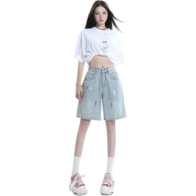 么宁 泼墨破洞宽松阔腿裤美式潮牌五分裤子牛仔短裤 女款