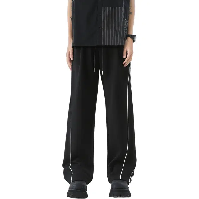 中国航天 美式复古撞色拼接裤脚抽绳垂感速干直筒顺滑轻薄透气柔软舒适宽松百搭通勤弹力显高显瘦痞帅运动休闲裤 男女同款