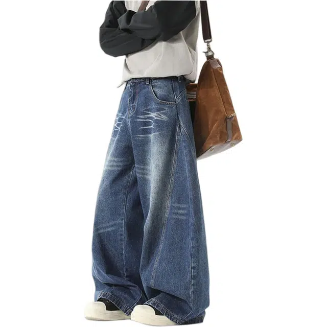 沃马 休闲美式高街重工潮流个性牛仔裤 男女同款 蓝色