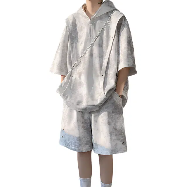 哲源 美式复古高街慵懒风扎染半拉链假两件七分袖上衣拼接设计感短袖连帽卫衣潮流百搭宽松直筒五分裤日常通勤休闲运动套装 男女同款