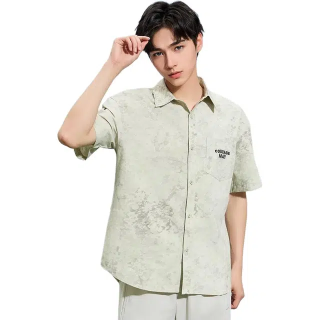 三福 满版印花时尚翻领短袖衬衫 男款