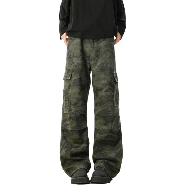 煦加 美式复古迷彩中腰宽松无弹工装裤 男款