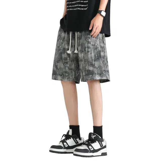 加菲猫家族 美式潮流手工磨破宽松舒适透气日常通勤运动百搭时尚高街个性街头痞帅学院风直筒中腰系带五分休闲短裤 男女同款