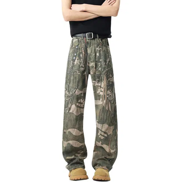 沃马 美式高街宽松直筒中腰牛仔裤 男女同款 绿色