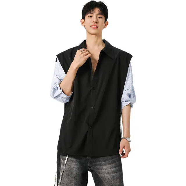 左岸 七分袖青少年夏季拼接假两件短袖衬衣薄款港风休闲上衣衬衫 男款