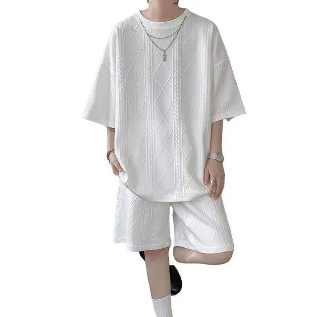 哲源 美式复古潮流肌理感提花时尚简约高级感纯色纹理提花设计小众宽松垂感大码重磅圆领短袖个性舒适百搭五分休闲运动套装 男女同款