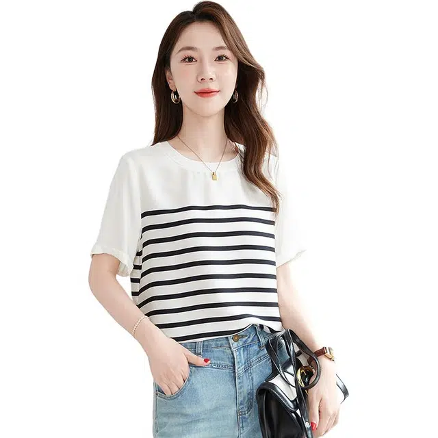水墨佳人 条纹桑蚕丝舒适轻奢日常通勤短袖衬衫 女款