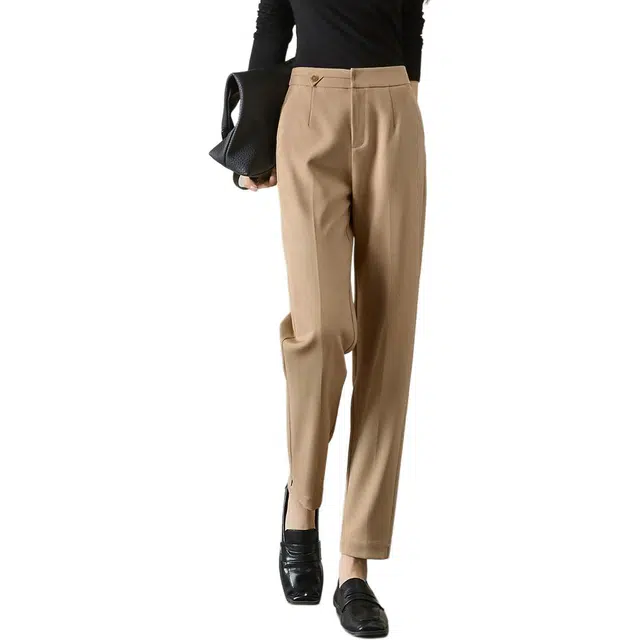 沫晗依美 锥形高腰通勤休闲裤 女款 浅卡其色