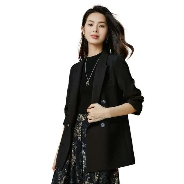 晚白 纯色简约通勤气质长袖西装 女款 黑色